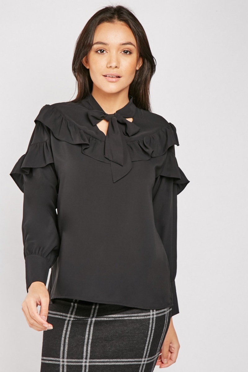 Ruffle Trim Pussy Bow Blouse - Black - Just $7