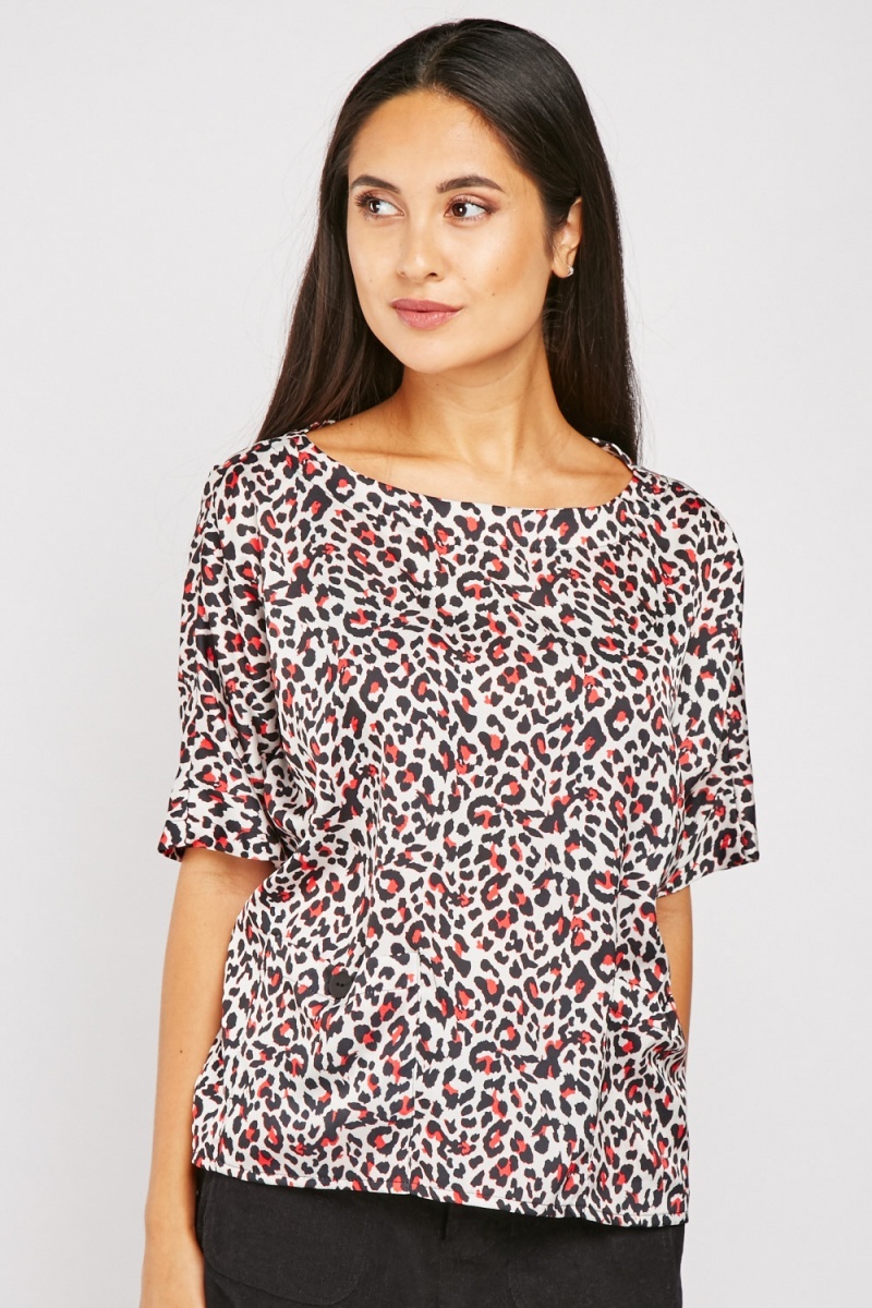 Leopard Print Short Sleeve Top - Red/Multi or Beige/Multi - Just $7