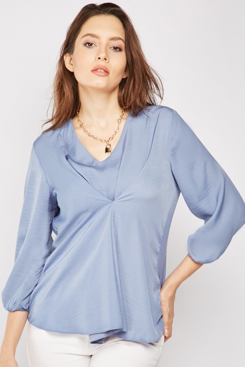 V-Neck Pleated Panel Blouse - Blue - Just $7