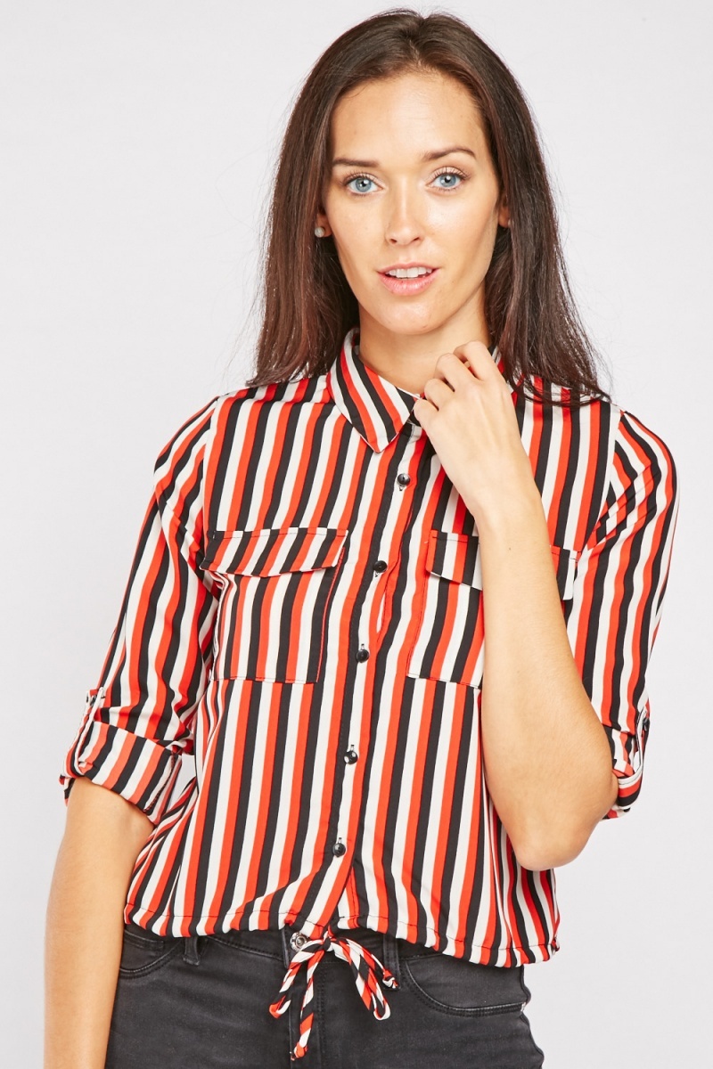Striped Tie Up Waist Shirt - Red/Multi - Just $7