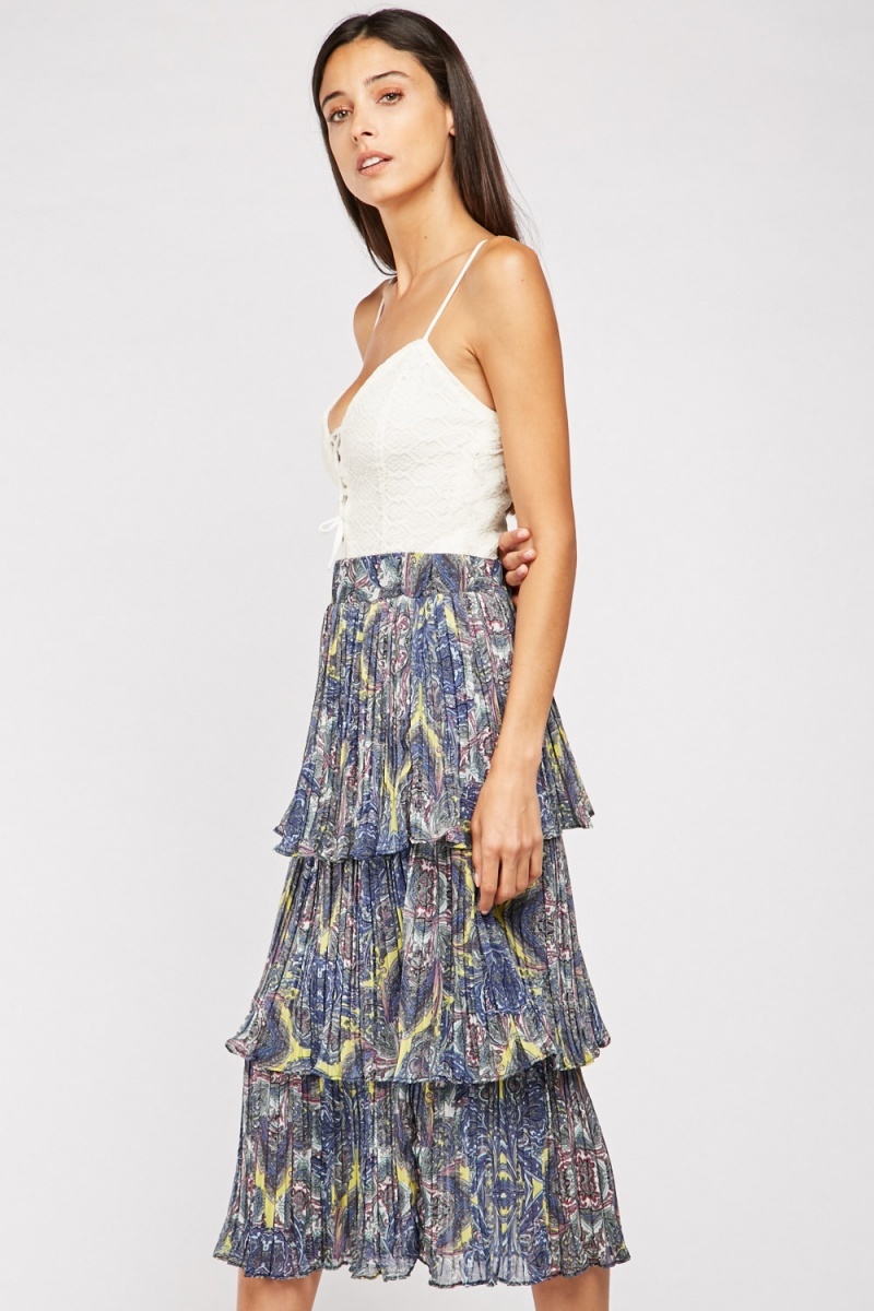 Paisley Print Pleated Tiered Skirt - Yellow/Multi - Just $7