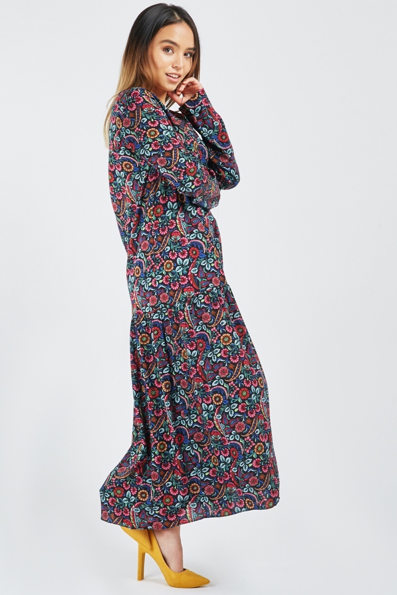 Floral Printed Long Sleeve Maxi Dress - Just $7