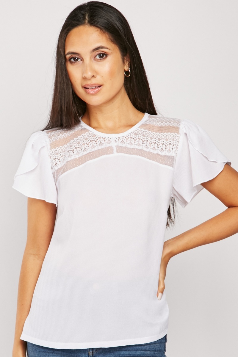 Lace Sheer Panel Top - White - Just $7