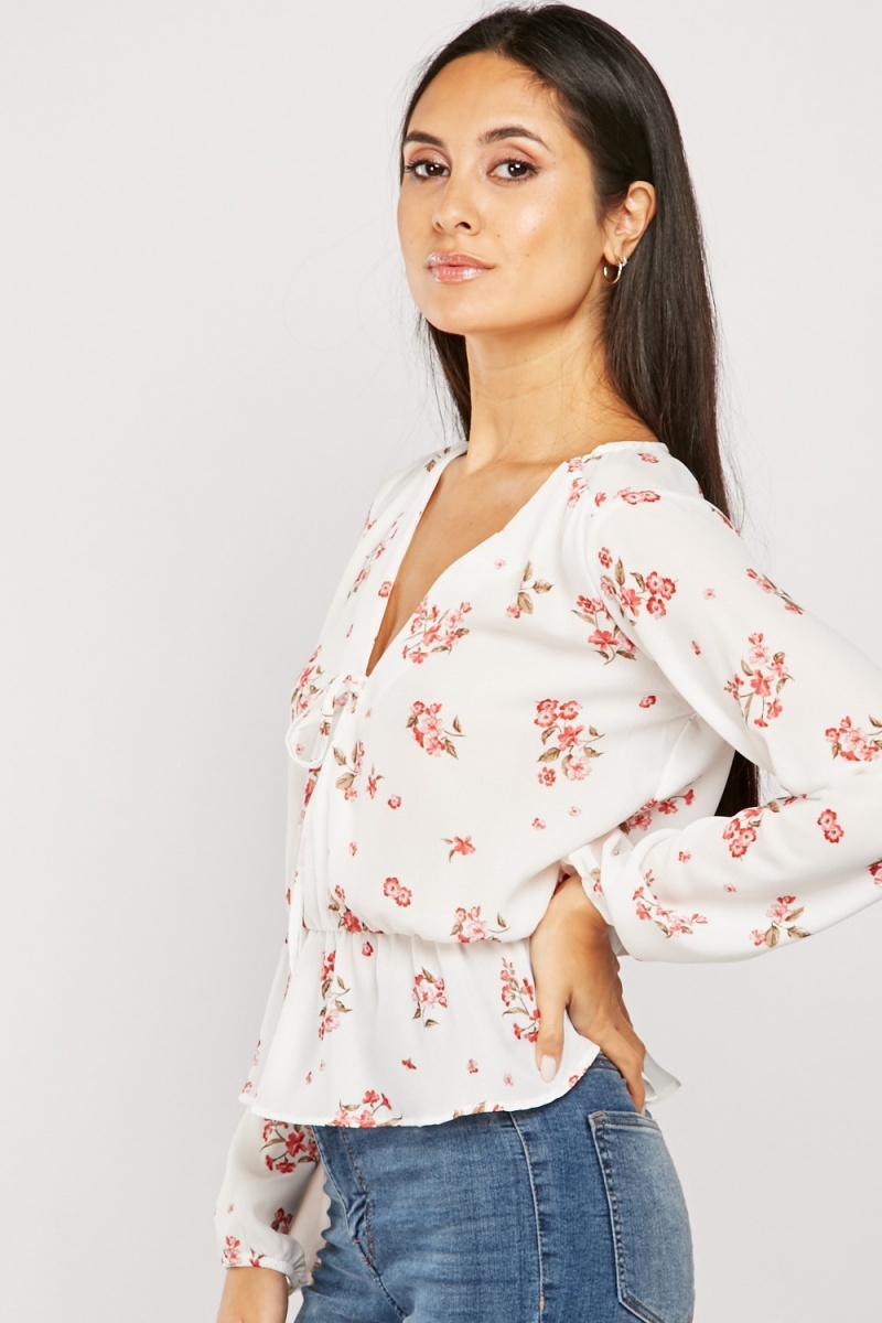 Floral Sheer Blouse - White/Multi - Just $7