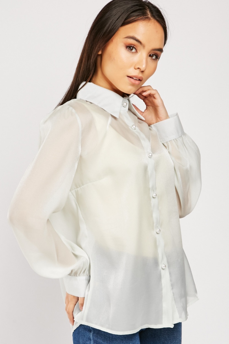 Long Sleeve Organza Shirt - Light Jade - Just $7