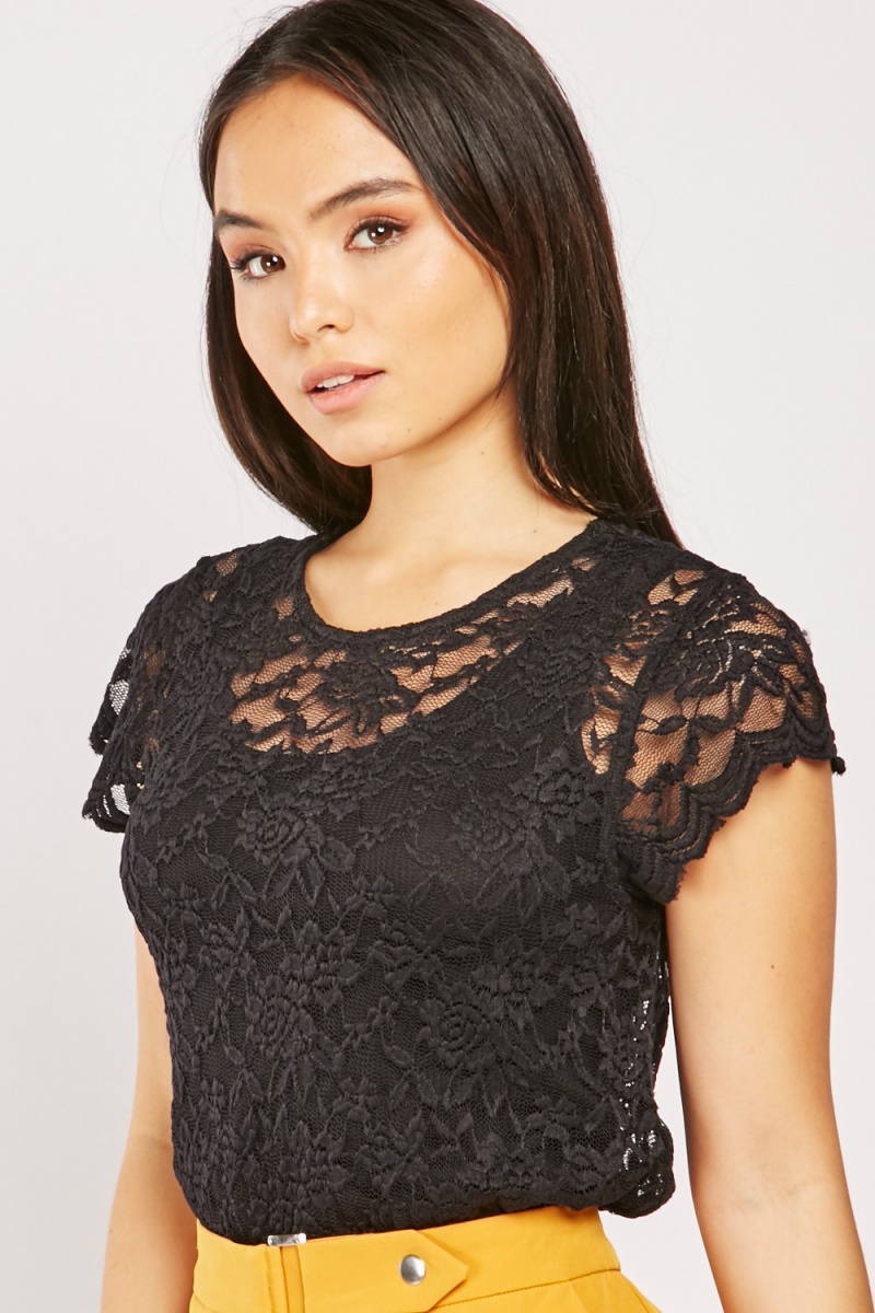 Cap Sleeve Lace Top - Black - Just $7