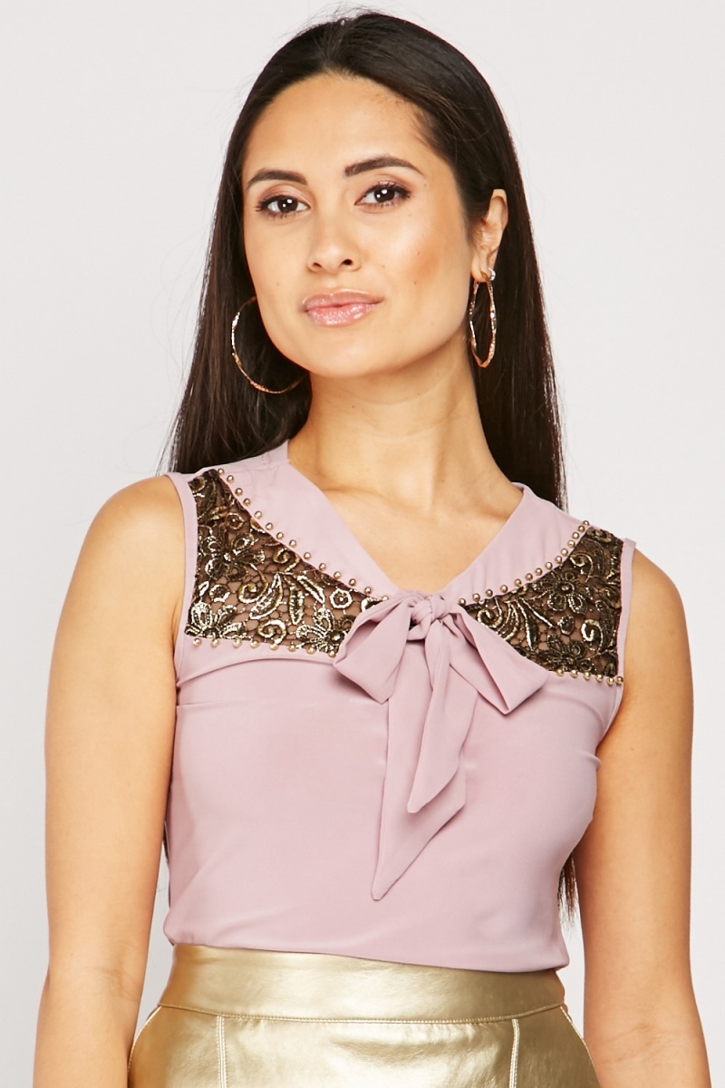 Gold Embroidered Panel Top - Mauve - Just $7