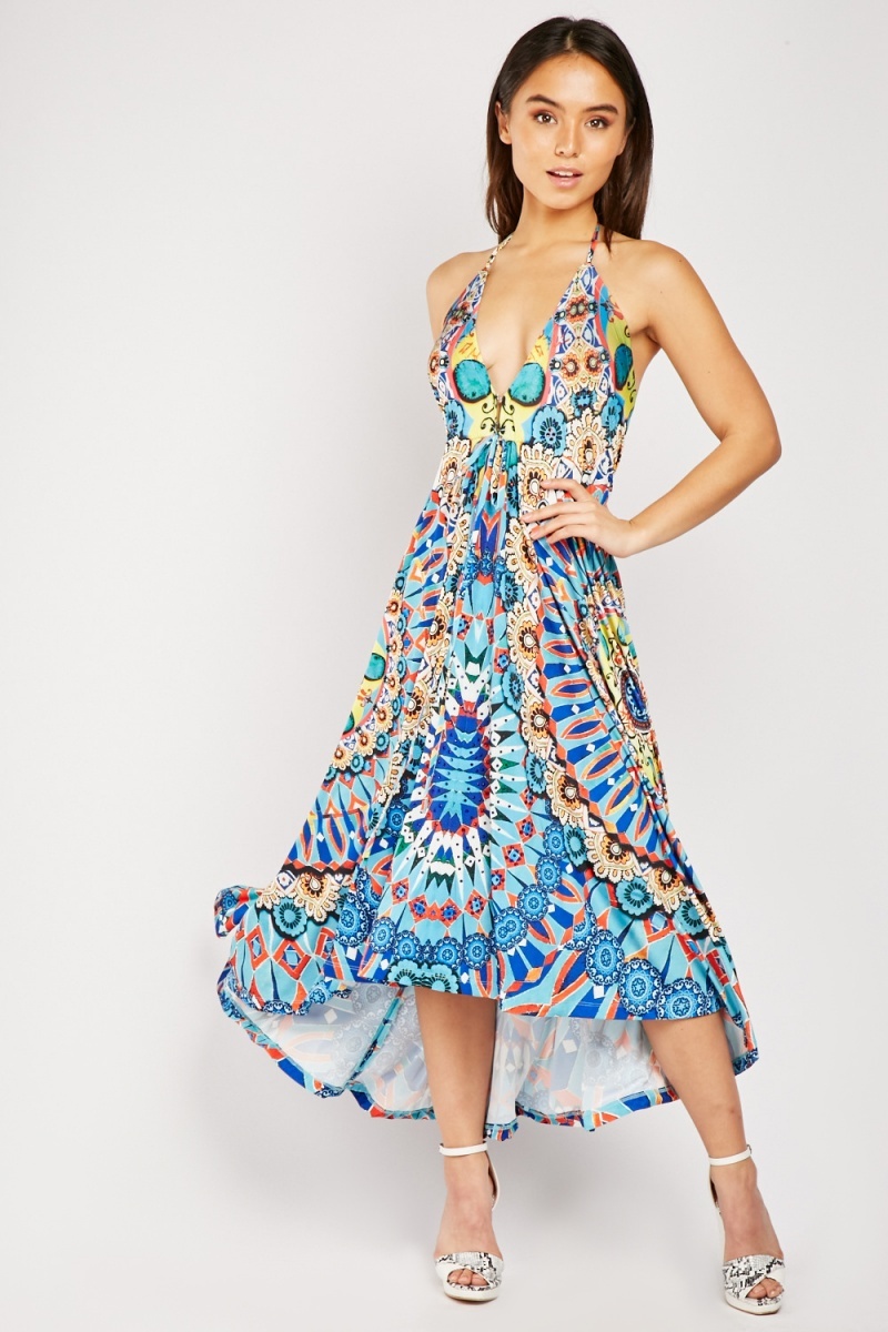 Arabesque Print Frilly Halter Dress - Just $7