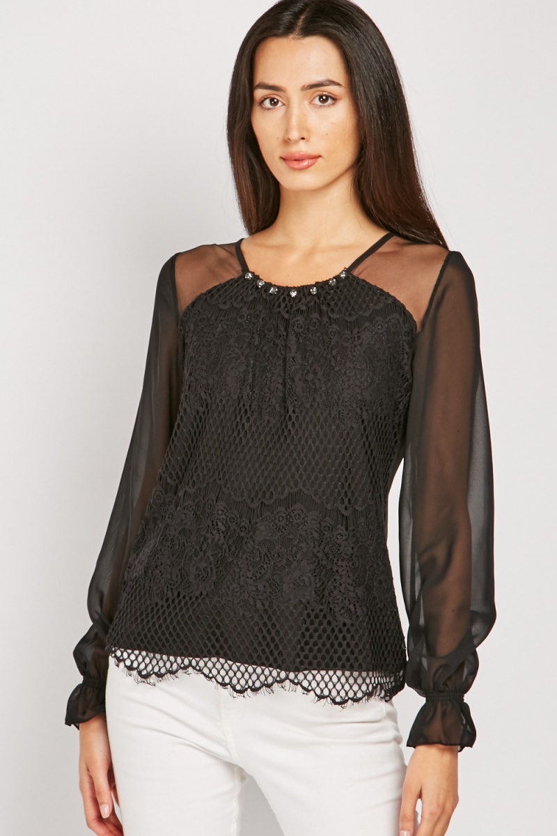 Embellished Lace Overlay Chiffon Top - Just $7