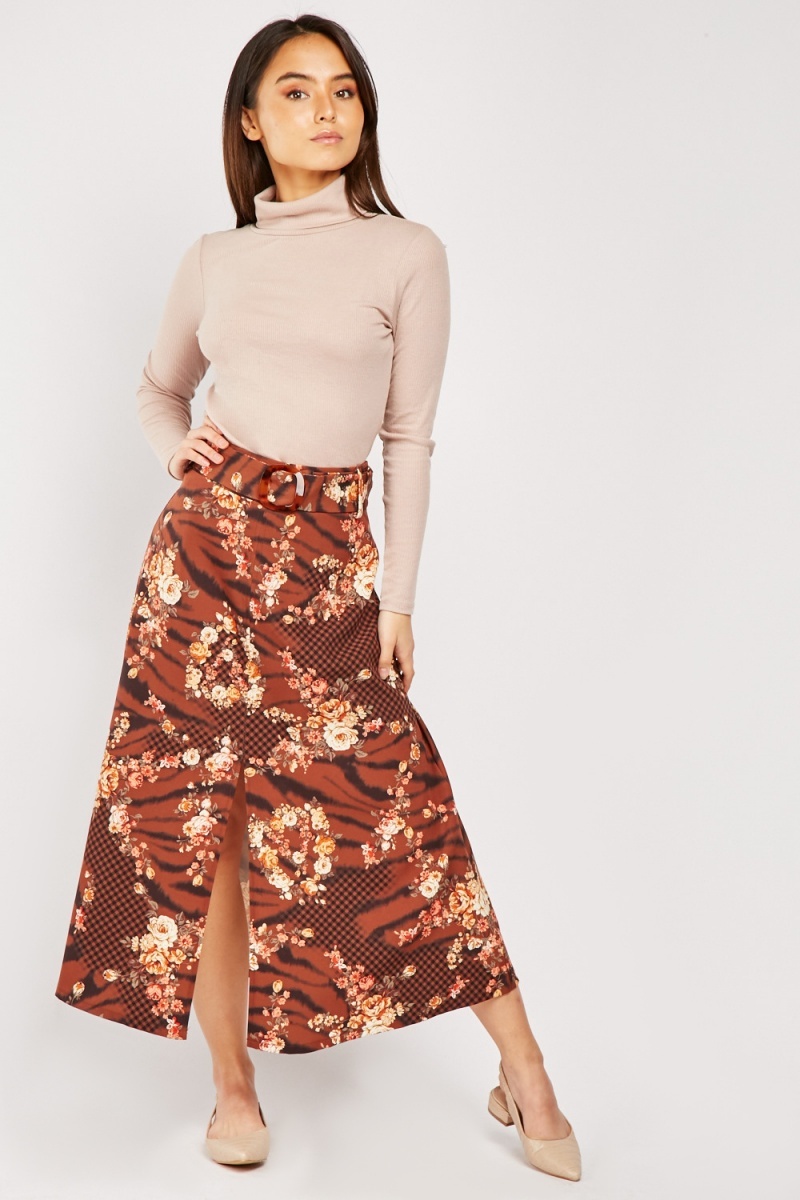 Slit Front Printed Maxi Skirt - Brown/Multi - Just $7