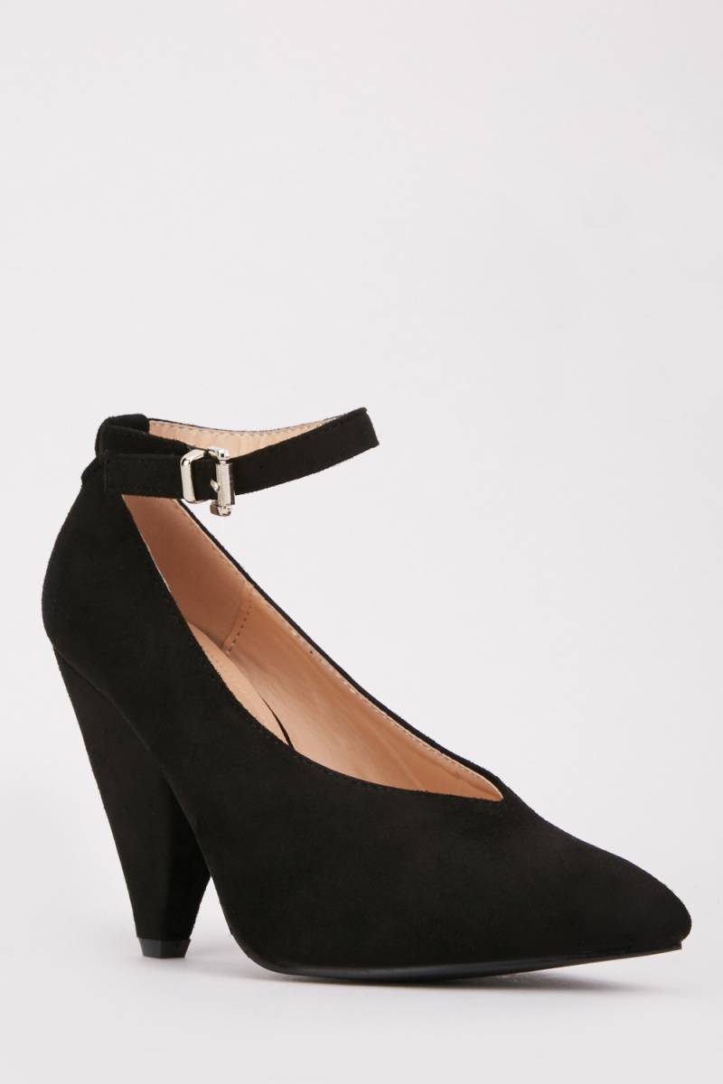 Suedette Ankle Strap Cone Heels - Black - Just $7