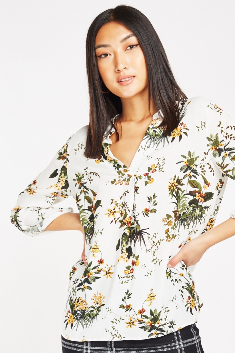 Floral Print Blouse - White/Multi - Just $7