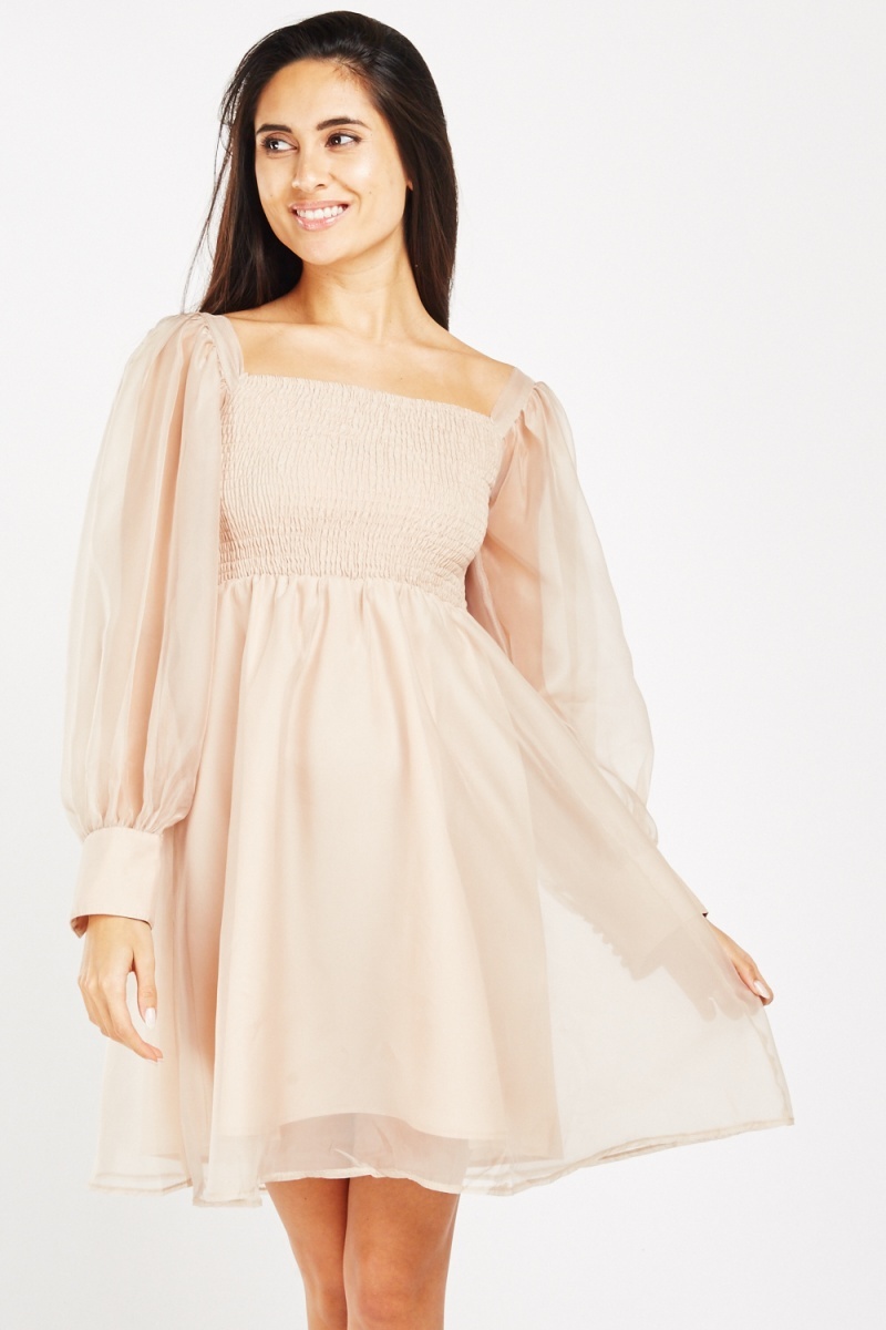Silky Beige Organza Shirred Dress - Just $7