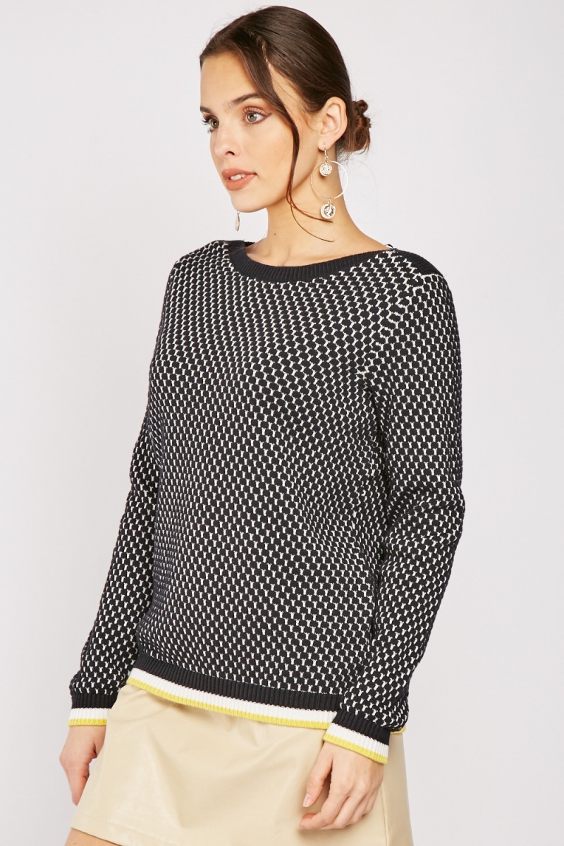 Patterned Knit Textured Cotton Jumper - Charcoal/Multi - Just $7