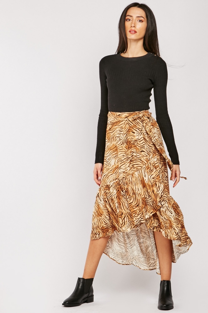 Tiger Print Ruffle Wrap Skirt - Beige/Multi - Just $7