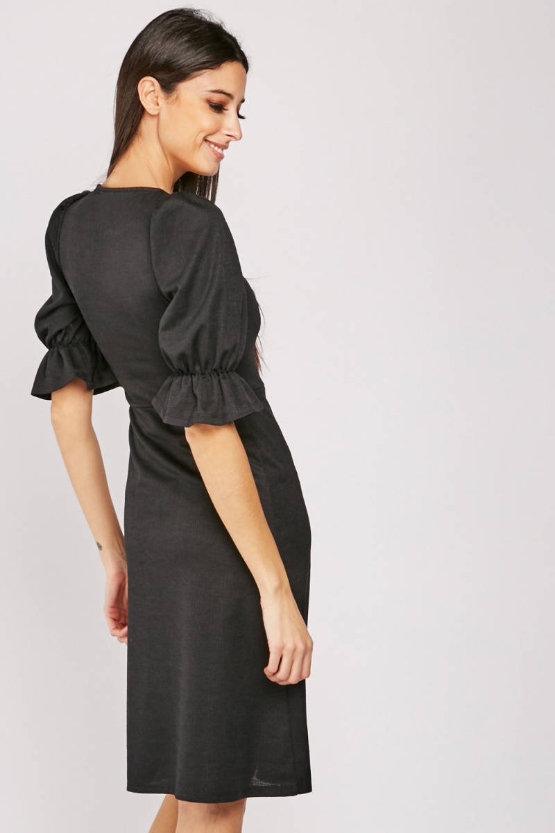 Bell Sleeve Midi Black Dress - Just $7