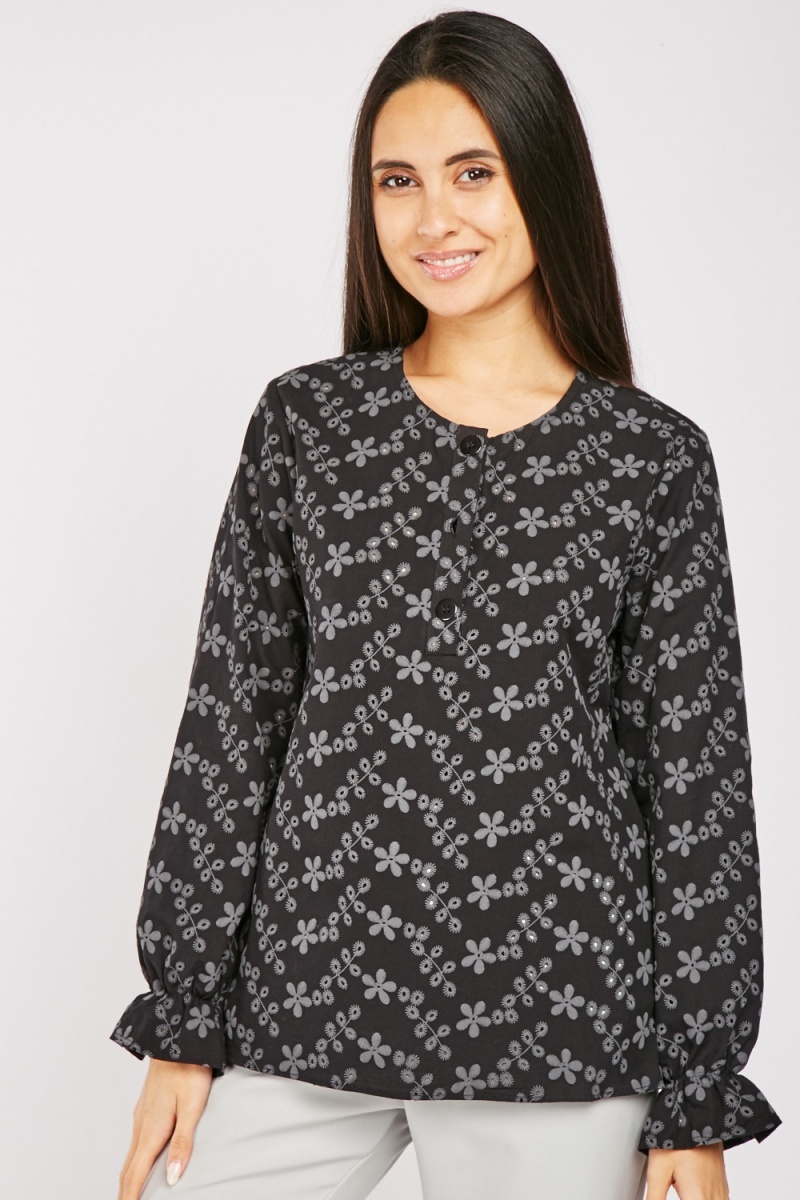 Broderie Anglaise Cotton Blouse - Black/Grey - Just $6