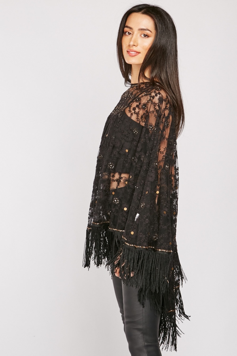 Sequin Lace Fringed Cape - Just $7