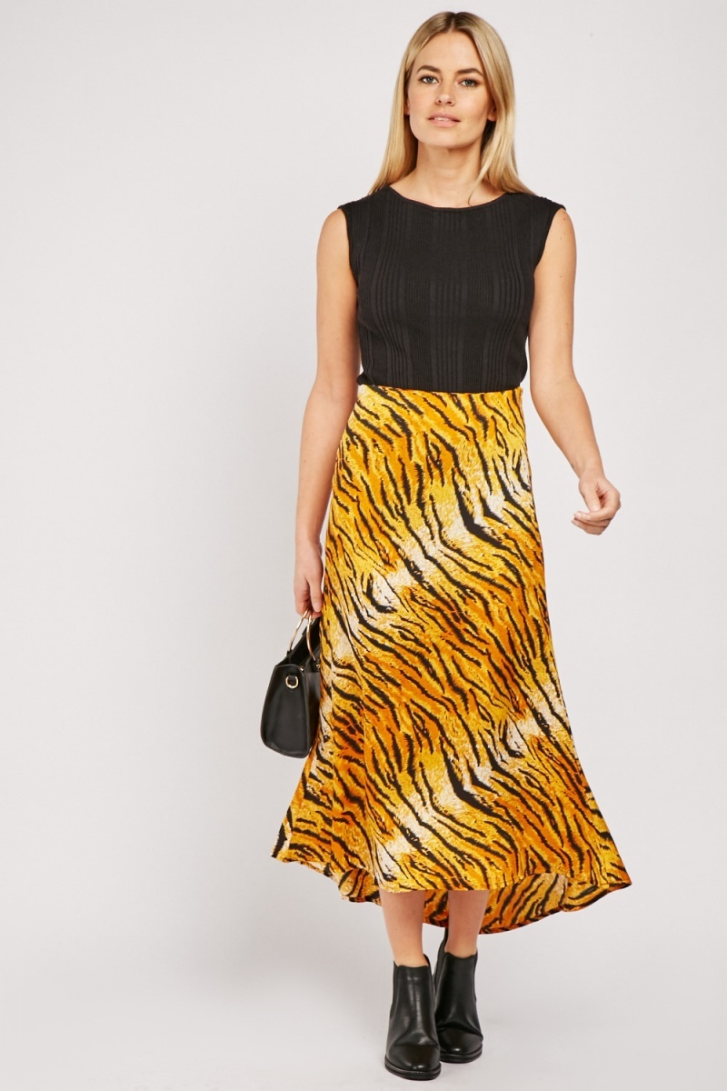 Tiger Print Midi Skirt - Mustard/Multi - Just $7
