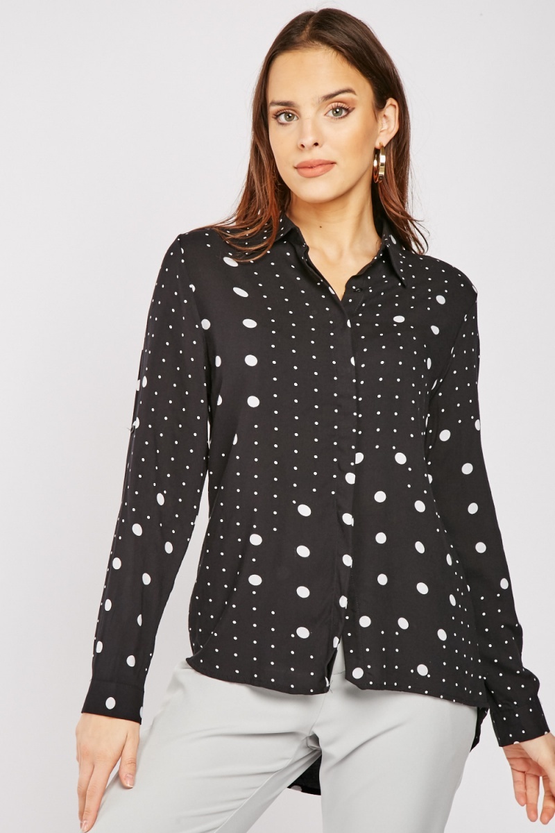Polka Dot Contrast Cotton Shirt - Black/White - Just $7