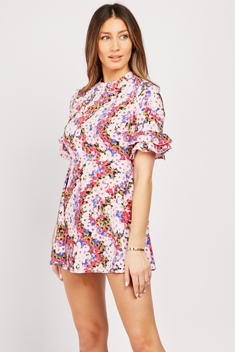 Petite Ruffle Sleeve Floral Dress - Pink/Multi - Just $7
