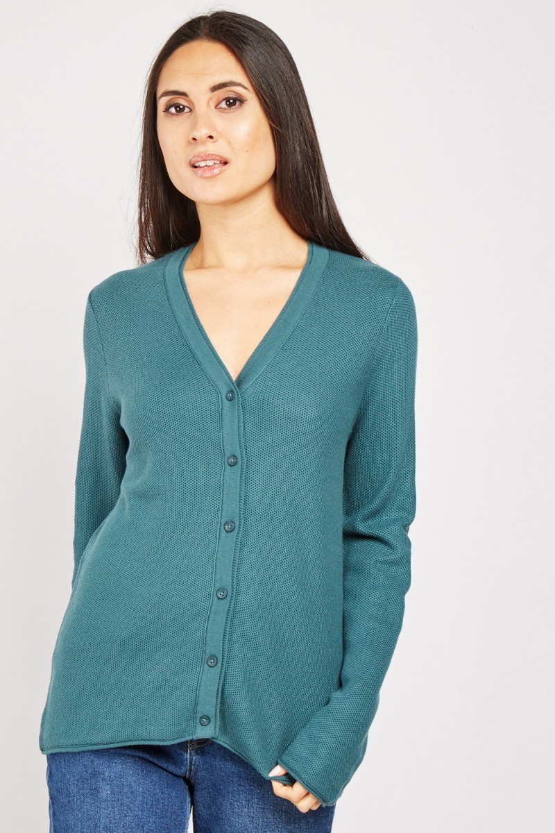 Textured Button Front Knitted Cardigan - Teal - Just $7