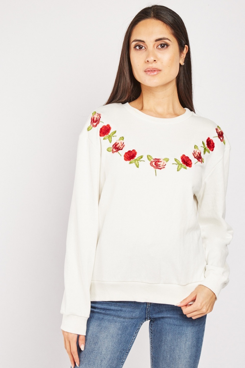 Rose Flower Embroidered Cotton Sweatshirt - White/Multi - Just $7