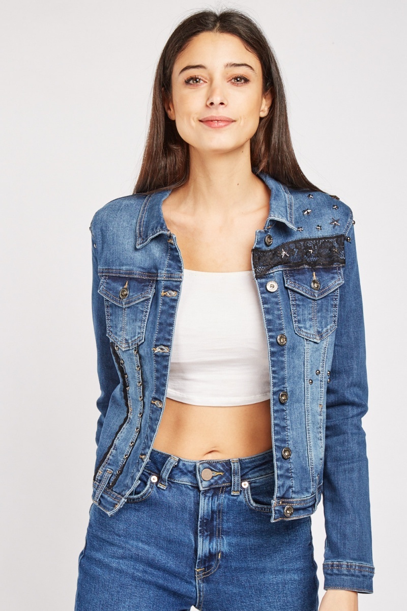 Studded Lace Denim Jacket - Just $7