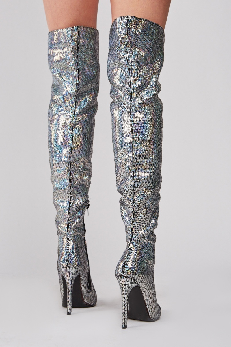 Sequin Over The Knee Heeled Boots - Silver/Multi - Just $7