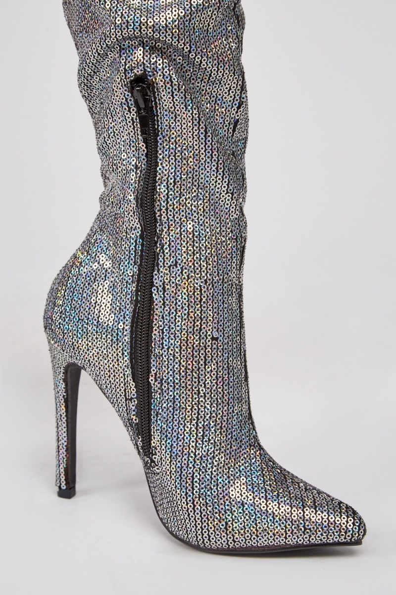 Sequin Over The Knee Heeled Boots - Silver/Multi - Just $7
