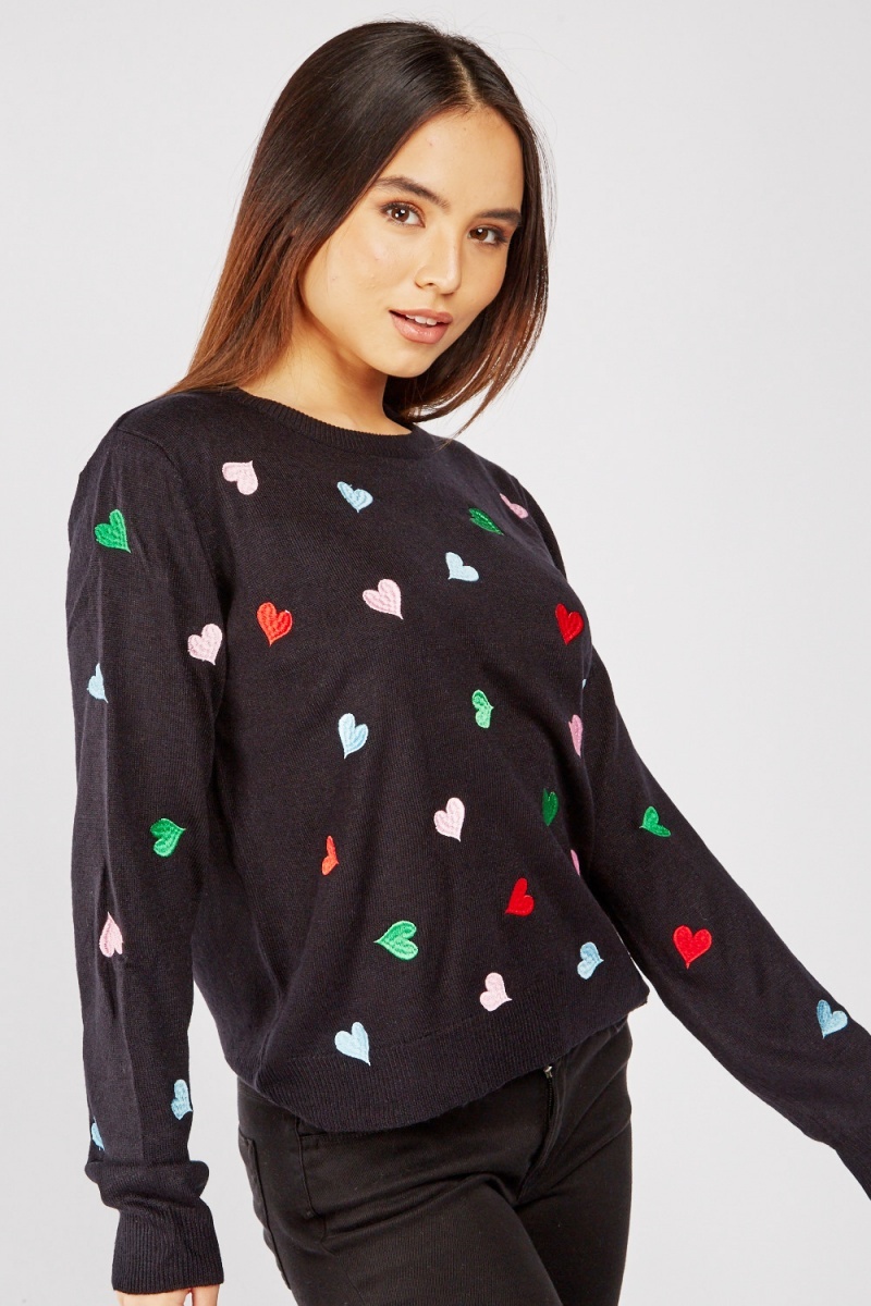Multi Coloured Heart Embroidered Knit Jumper - Just $7