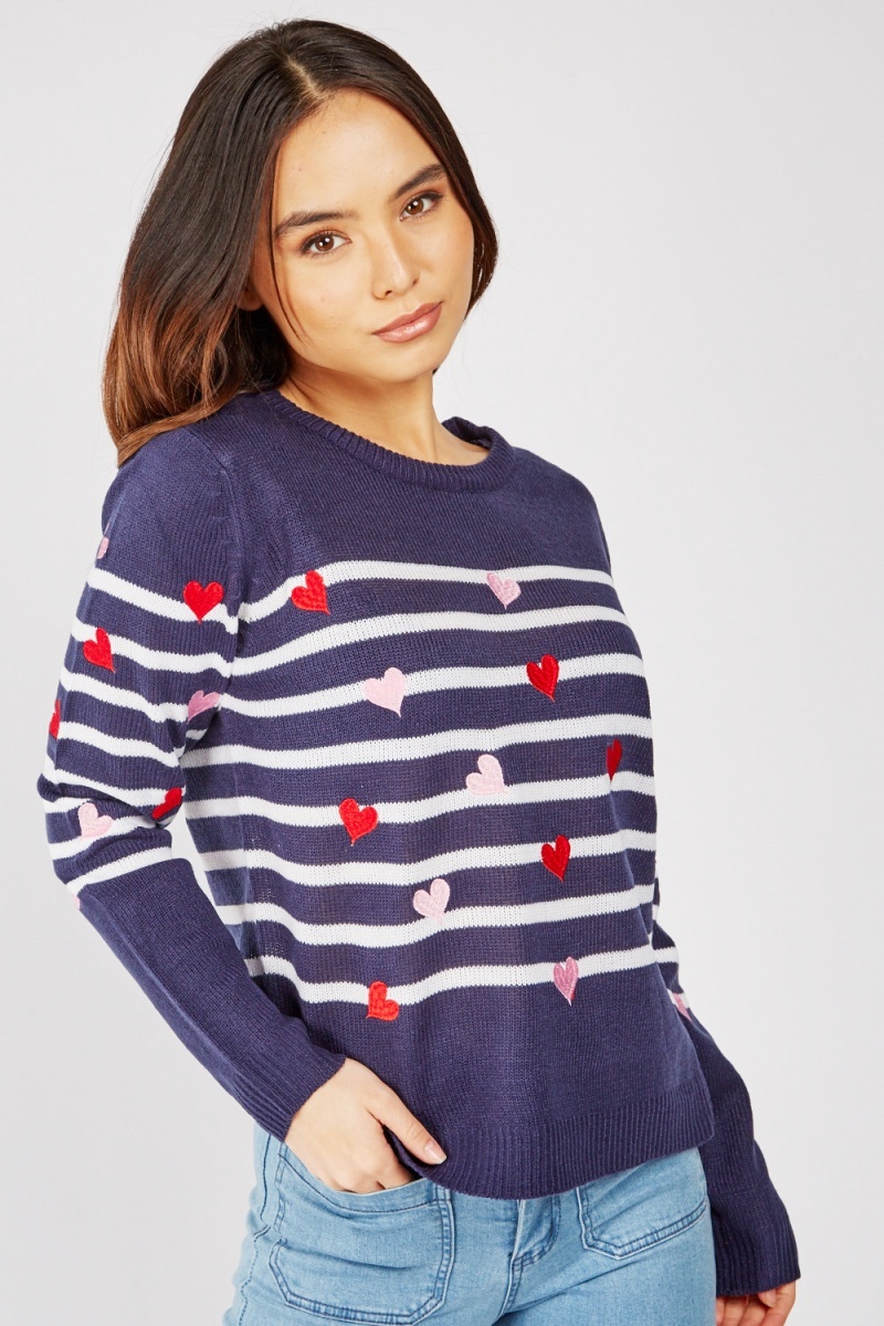 Striped Heart Embroidered Knit Jumper - Just $7