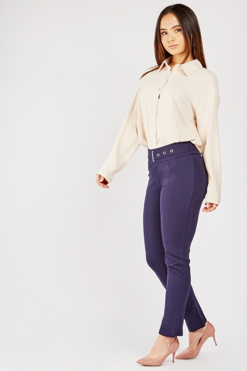 Attached Belt Waist Trousers - Navy - Just $7
