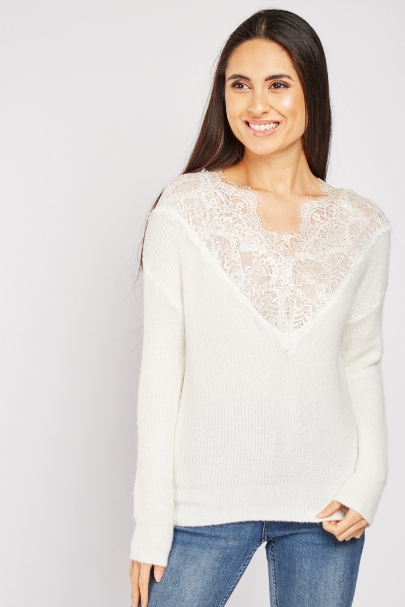 Lace Insert V Neck Jumper - White or Beige - Just $7