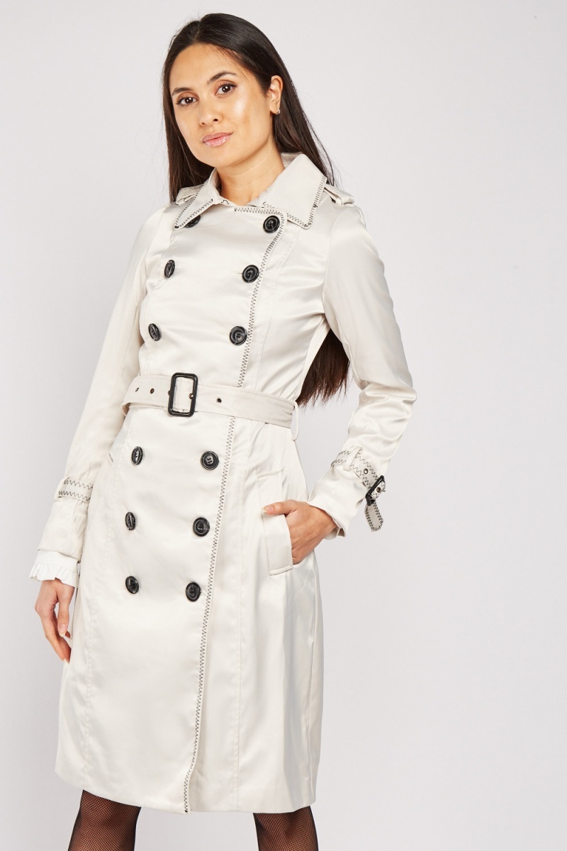 Buckled Waist Trench Coat In Cream - Just $7