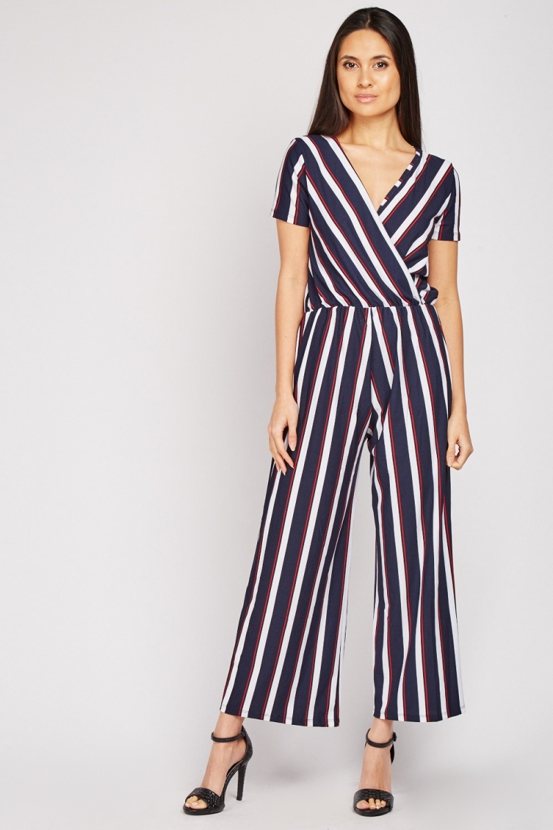 Short Sleeve Striped Wrap Jumpsuit - Just $7
