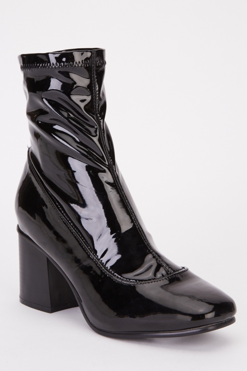 Vinyl Heeled Boots - Black Patent - Just $7