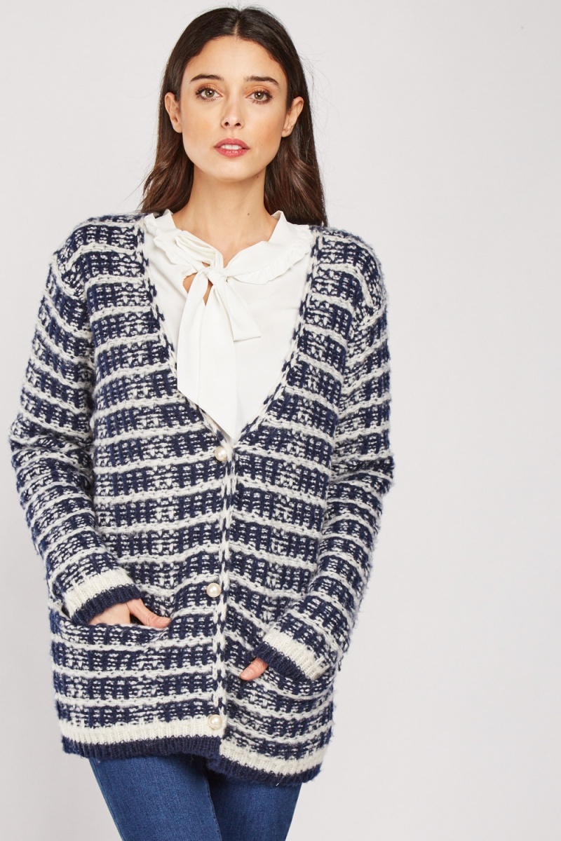 Chunky Knit Pattern Cardigan - Olive/Off White - Just $7