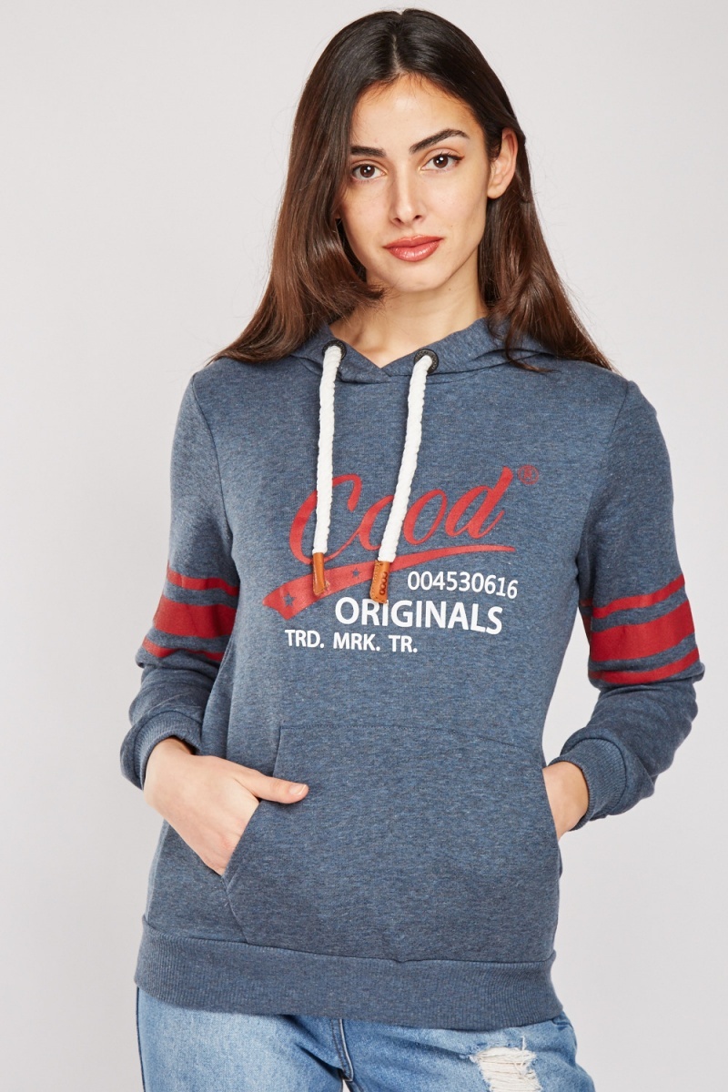Printed Pouch Pocket Front Hoodie - Middle Blue - Just $7