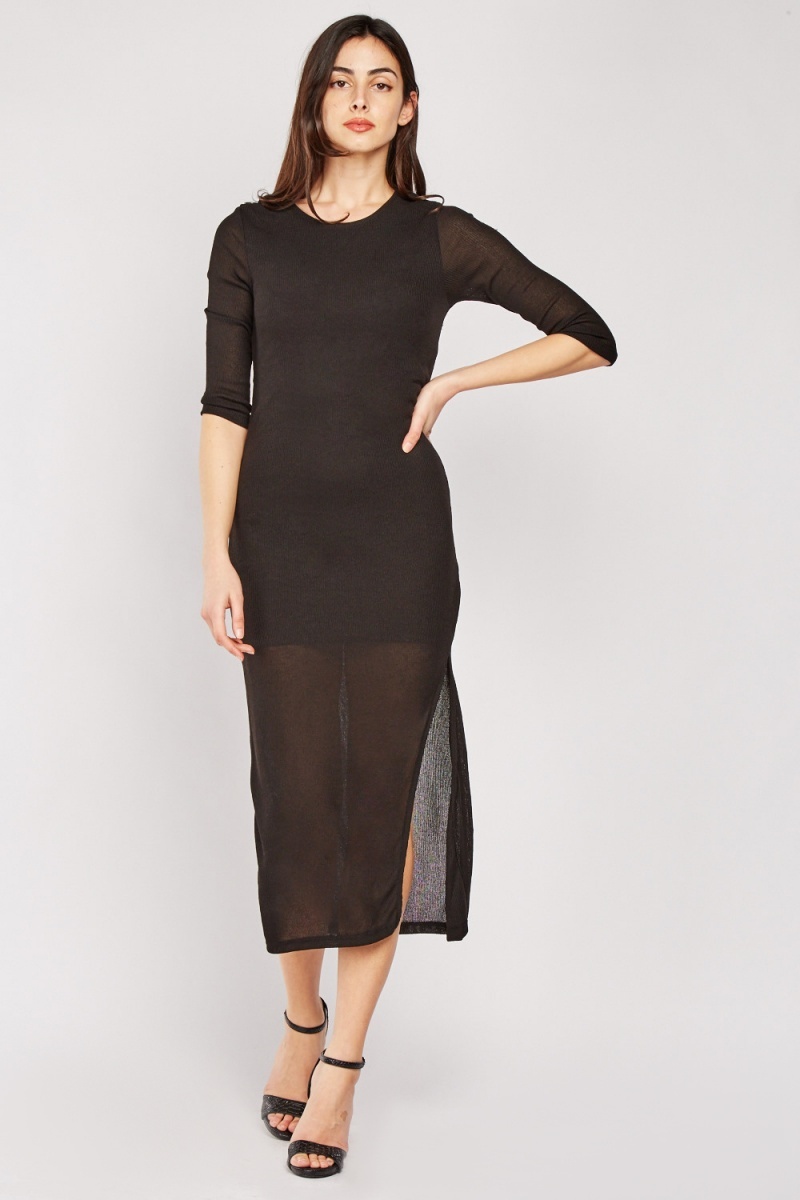 Sheer Rib Knit Midi Dress - Black - Just $7