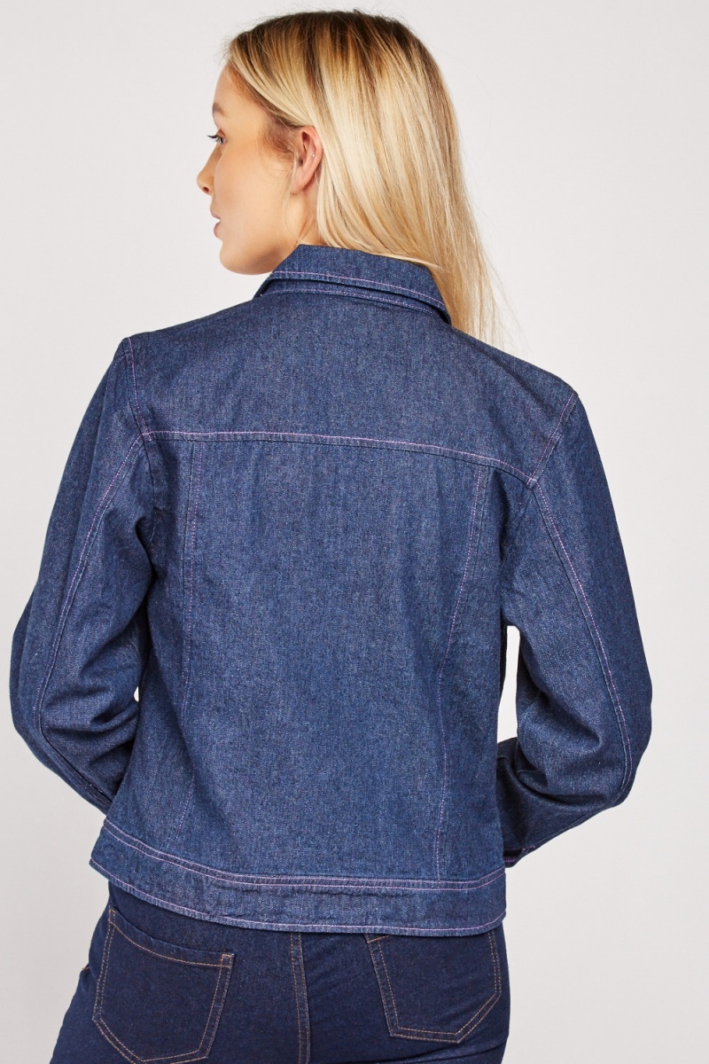 Top Stitched Cotton Denim Jacket - Denim Blue - Just $7