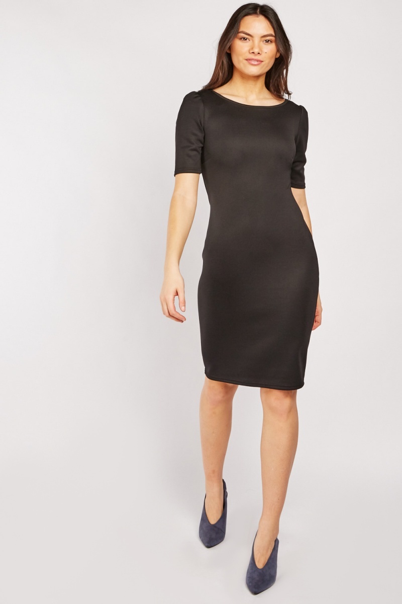 Scoop Neck Short Sleeve Midi Dress - Black - Just $7