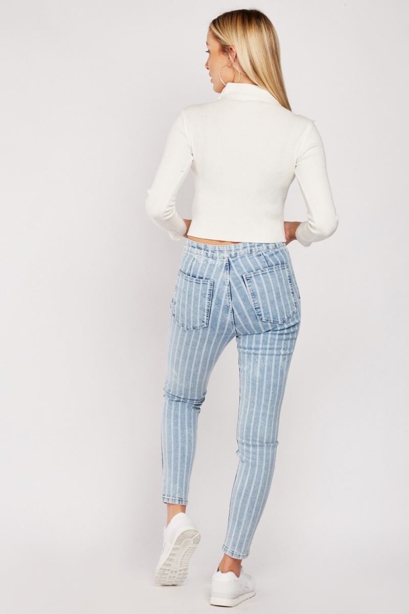Faded Striped Skinny Jeans - Washed Denim Blue - Just $3