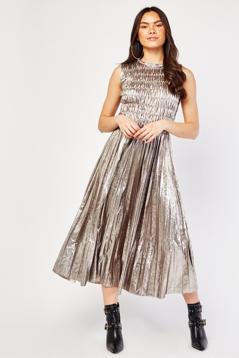 Metallic Shirred Pleated Dress - Just $7
