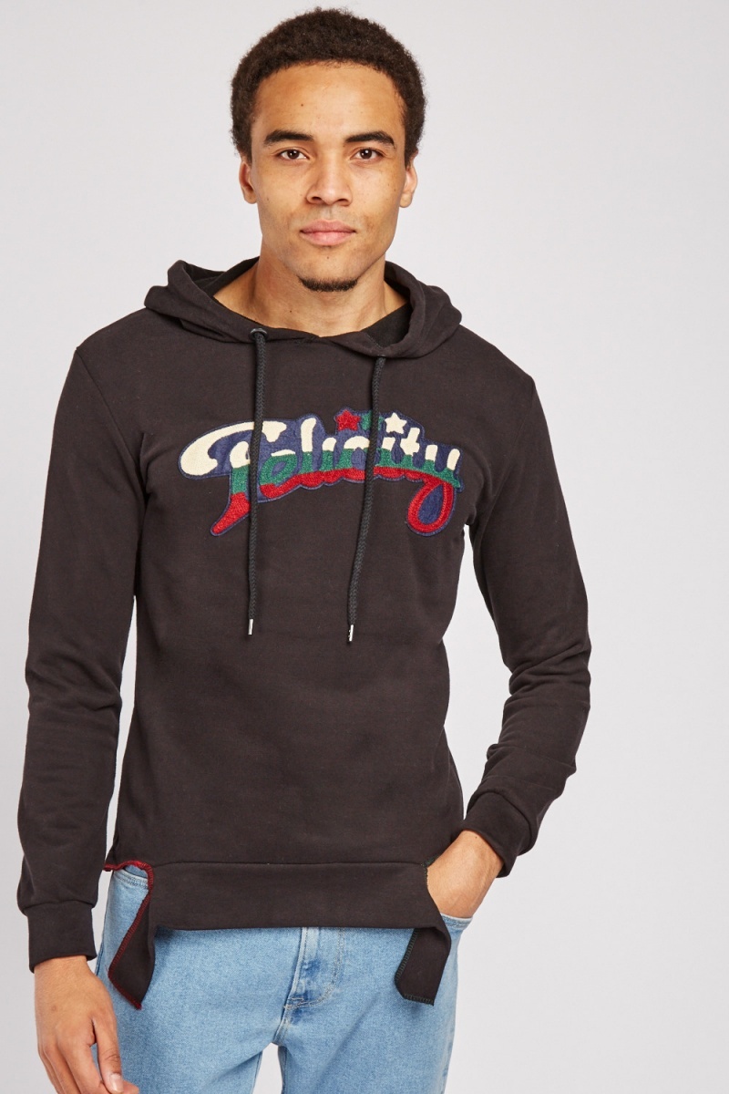Graphic Front Cut Out Hem Hoodie - Black - Just $7