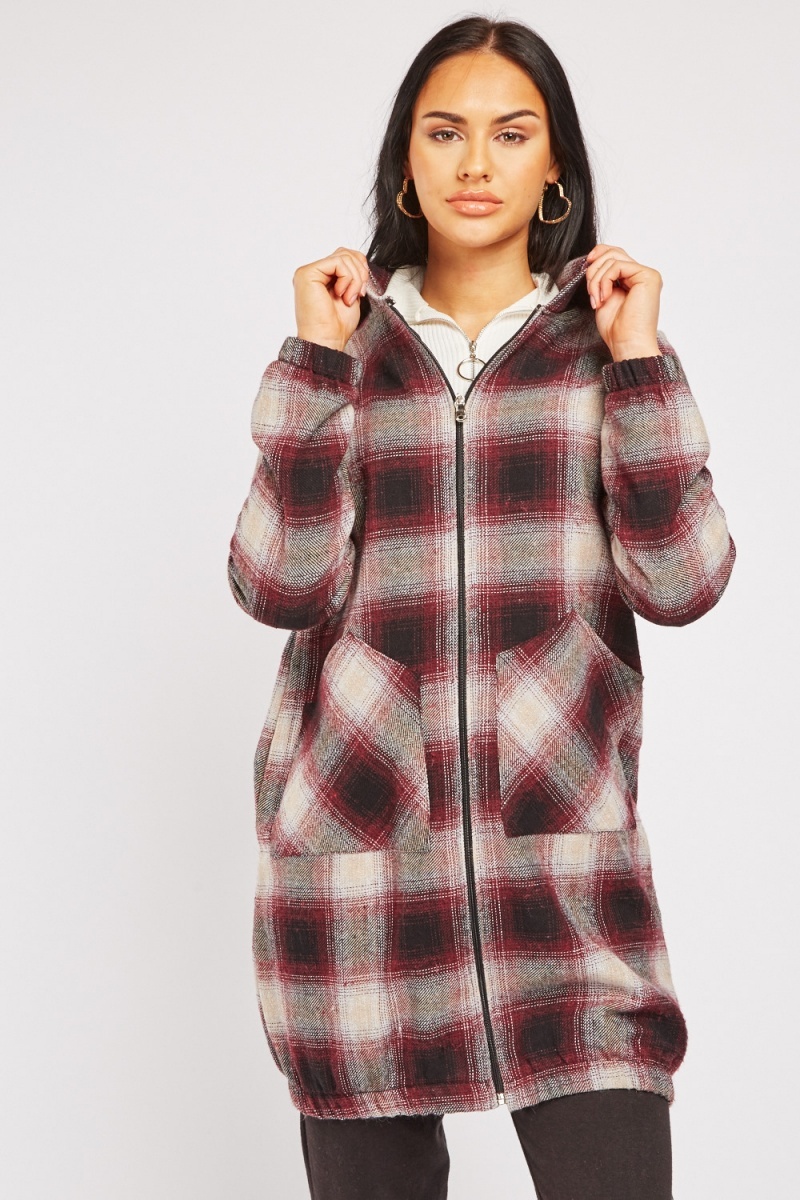 Hooded Long Plaid Shacket - Just $7