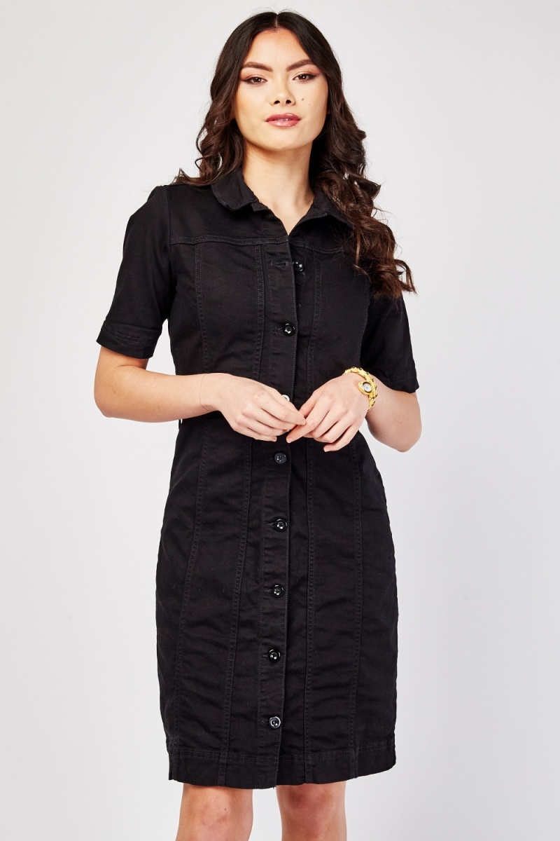 Short Sleeve Denim Shirt Dress - Black - Just $7