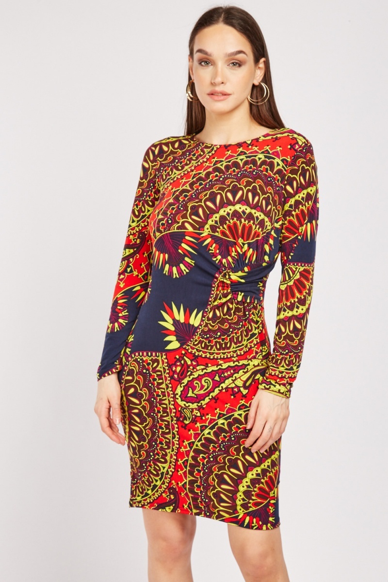Ethnic Print Gathered Side Dress - Just $6