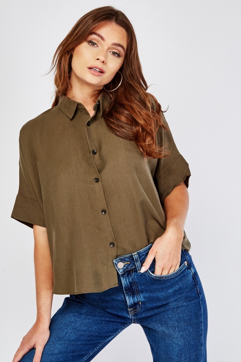 Button Up Batwing Shirt - Olive - Just $7