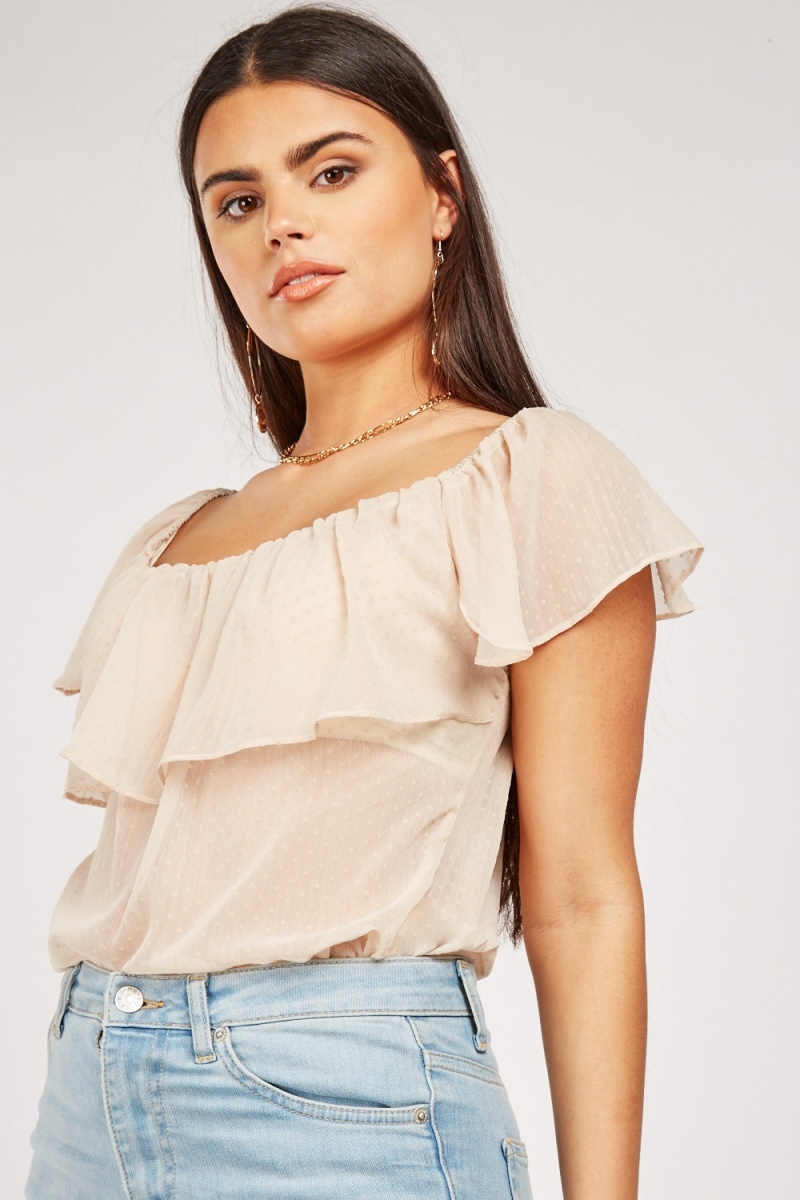 Frilly Sheer Chiffon Textured Top - Beige - Just $7